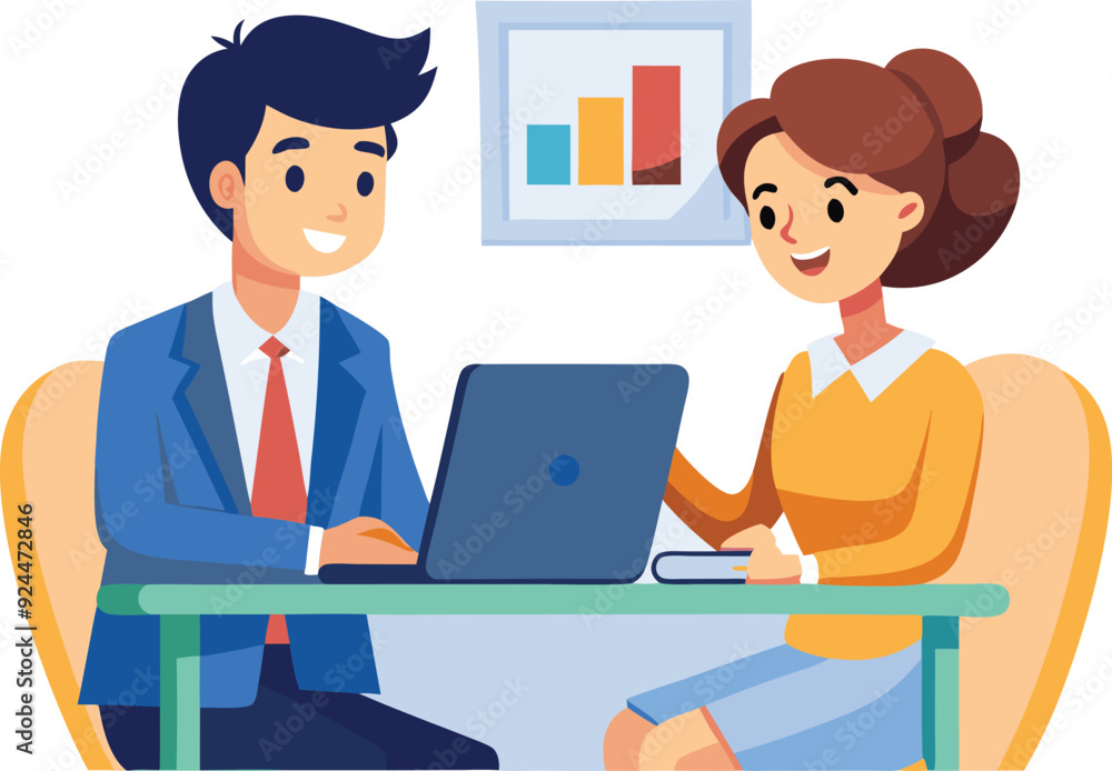 Partners meeting for business discussion with documents and laptop on desk. Couple at round table, speaking, discussing work, partnership. Flat vector illustration isolated on white background Partners meeting for business discussion with documents and laptop on desk. Couple at round table, speaking, discussing work, partnership. Flat vector illustration isolated on white background