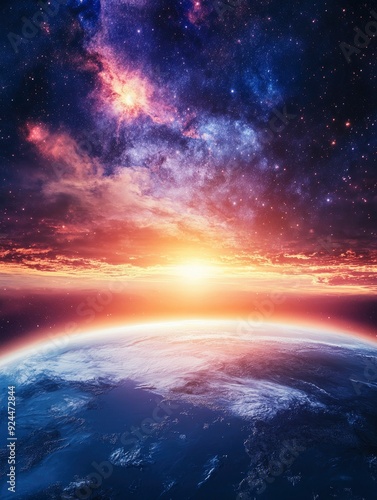 View of the Earth, star and galaxy. Sunrise over planet Earth, view from space. Concept on the theme of ecology, environment, with generattive ai