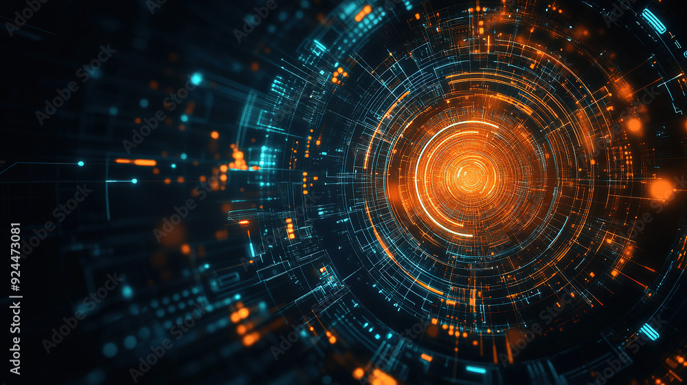 Fototapeta premium Abstract futuristic background with digital technology elements and circles. Digital network connection abstract tech. Abstract technology background with futuristic circles and lines. Copy space area