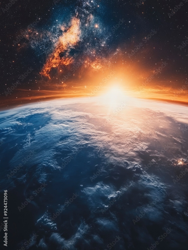 View of the Earth, star and galaxy. Sunrise over planet Earth, view from space. Concept on the theme of ecology, environment, with generattive ai View of the Earth, star and galaxy. Sunrise over planet Earth, view from space. Concept on the theme of ecology, environment, with generattive ai