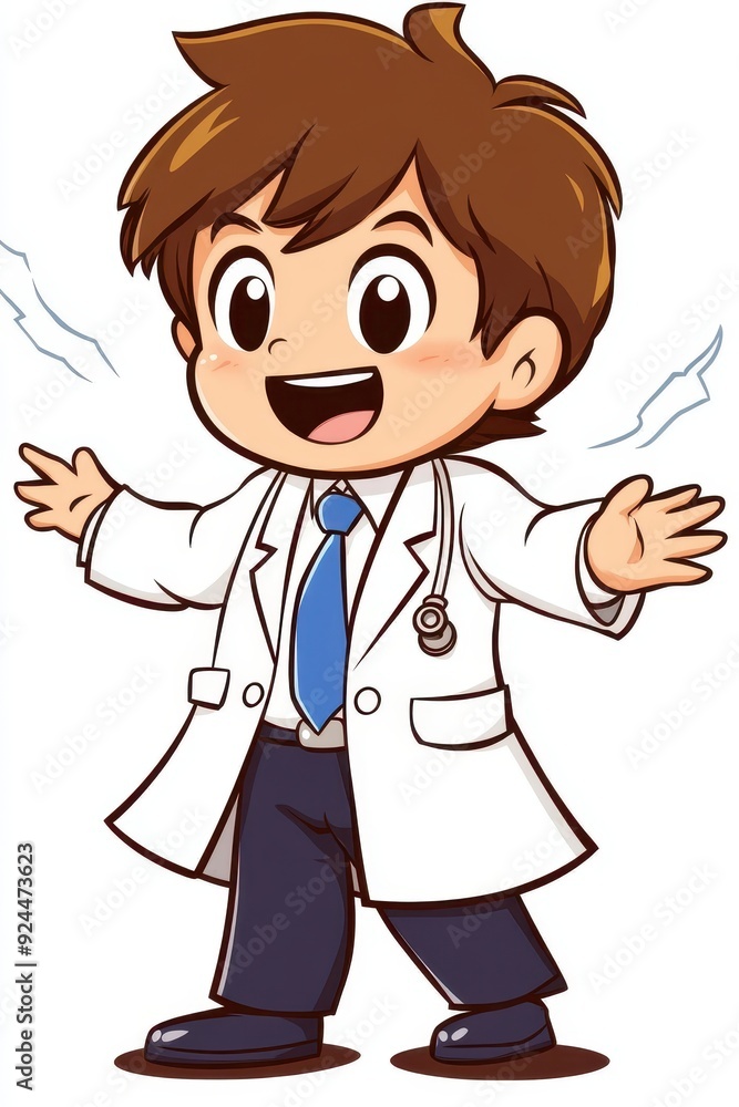 Cheerful cartoon doctor character welcoming patients with open arms, wearing a lab coat and stethoscope. Cheerful cartoon doctor character welcoming patients with open arms, wearing a lab coat and stethoscope.