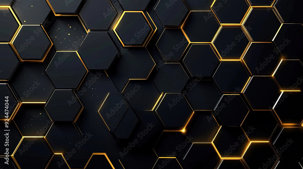Modern technology, science or business concept. Abstract black background with hexagon pattern. Geometric shapes for technology digital presentation. Futuristic geometric pattern. Copy space area Modern technology, science or business concept. Abstract black background with hexagon pattern. Geometric shapes for technology digital presentation. Futuristic geometric pattern. Copy space area
