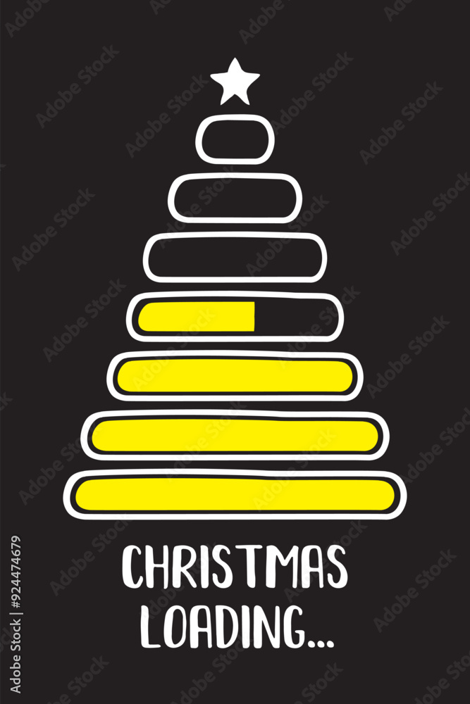 Christmas loading bar. Pyramid or xmas tree with star. Holiday Xmas or New Year load countdown on black background. Winter eve coming soon greeting card or web design Christmas loading bar. Pyramid or xmas tree with star. Holiday Xmas or New Year load countdown on black background. Winter eve coming soon greeting card or web design