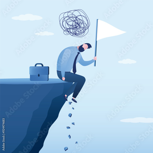 Unhappy businessman sits on edge of precipice and holds white flag in hand. Give up. Lonely loser entrepreneur thinking about suicide. Pessimist, negative emotions, bad mood.