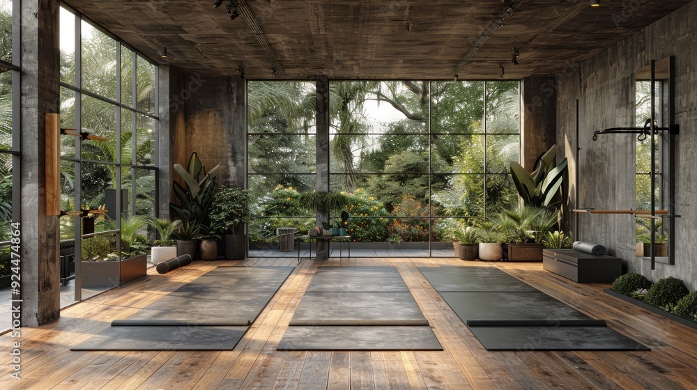 Modern Yoga Studio with Natural Light and Greenery Modern Yoga Studio with Natural Light and Greenery