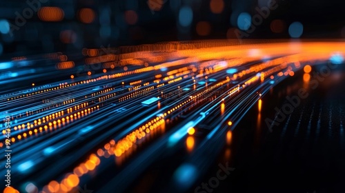 Elegant and fluid lines of light representing the seamless transmission of optical data
