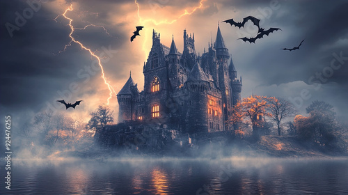 A dark, foreboding castle stands ominously on the edge of a misty body of water. The castle is illuminated from within by a warm, golden glow emanating through the windows. The overcast sky is dramati photo