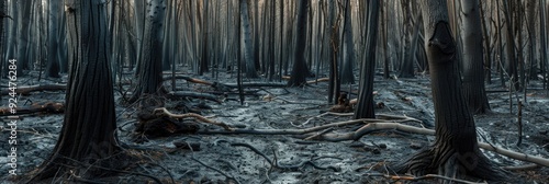 Devastated landscape with a scorched forest featuring ashen soil and distorted tree trunks. photo