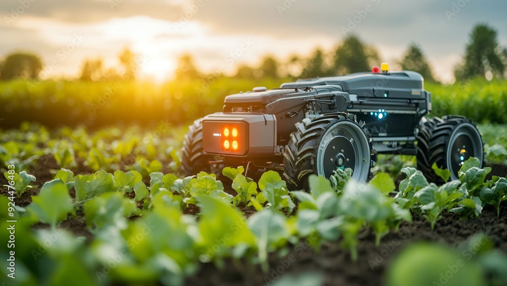 A Futuristic Farming Robot Tending to Lush Green Crops Under a Warm Sunset, Demonstrating Innovation in Agricultural Technology and Embracing Sustainable Practices in Nature. A Futuristic Farming Robot Tending to Lush Green Crops Under a Warm Sunset, Demonstrating Innovation in Agricultural Technology and Embracing Sustainable Practices in Nature.