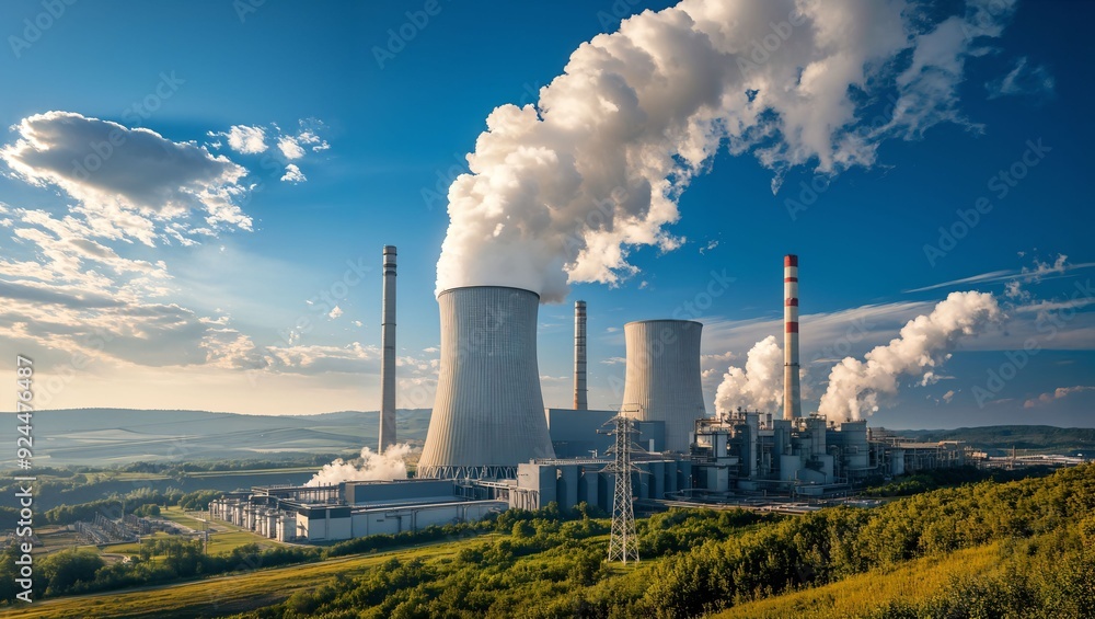A breathtaking view of a sprawling power plant surrounded by lush greenery, with towering smokestacks emitting billowing clouds against a vibrant blue sky filled with soft white clouds.