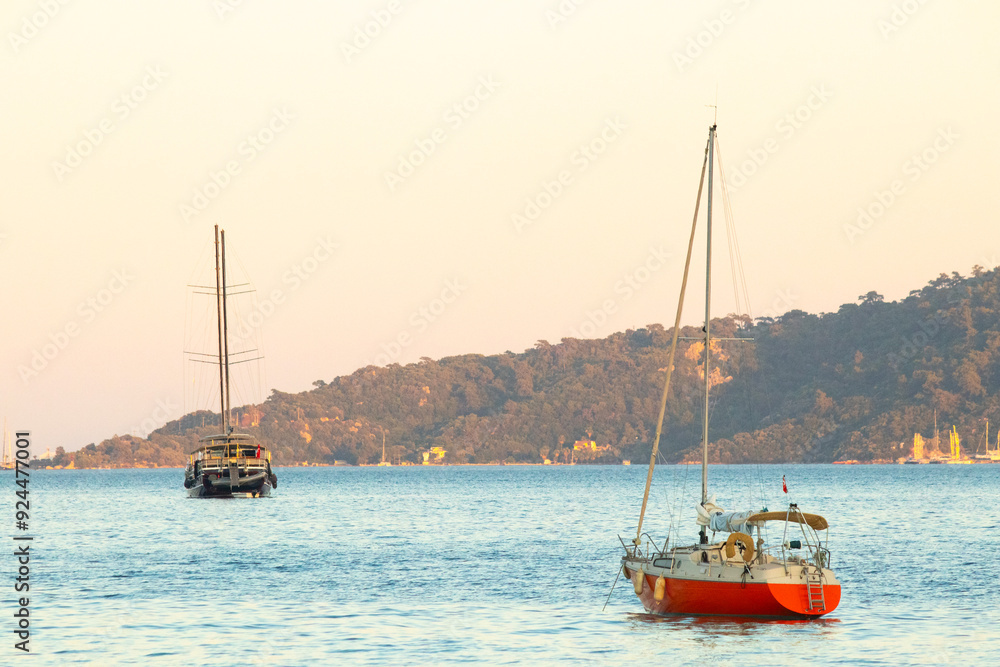 Seascape. Sailing boats anchored in the Gulf of Marmaris. Marine craft idea concept. Seascape. Sailing boats anchored in the Gulf of Marmaris. Marine craft idea concept.