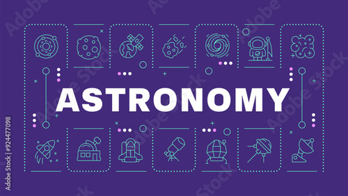 Astronomy dark purple word concept. School subject. Natural science. Cosmos and universe. Horizontal vector image. Headline text surrounded by editable outline icons. Hubot Sans font used