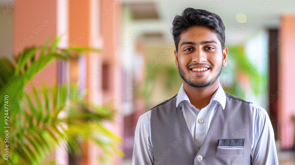 Young man in professional attire smiling with greenery and modern building corridor in the background. Concepts of professionalism, positivity, and friendly work environment. Young man in professional attire smiling with greenery and modern building corridor in the background. Concepts of professionalism, positivity, and friendly work environment.