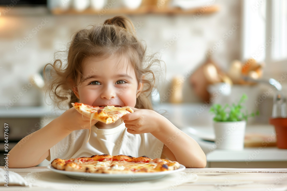 Adorable child with curly hair smiling while eating pizza in a cozy kitchen. Concepts of childhood joy, food enjoyment, and family moments. Adorable child with curly hair smiling while eating pizza in a cozy kitchen. Concepts of childhood joy, food enjoyment, and family moments.