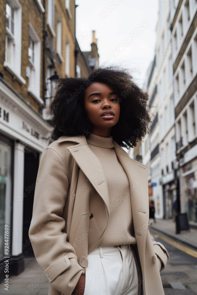 Confident woman in beige coat standing on an urban street with shops in the background. Concepts of fashion, urban lifestyle, and confidence. Confident woman in beige coat standing on an urban street with shops in the background. Concepts of fashion, urban lifestyle, and confidence.