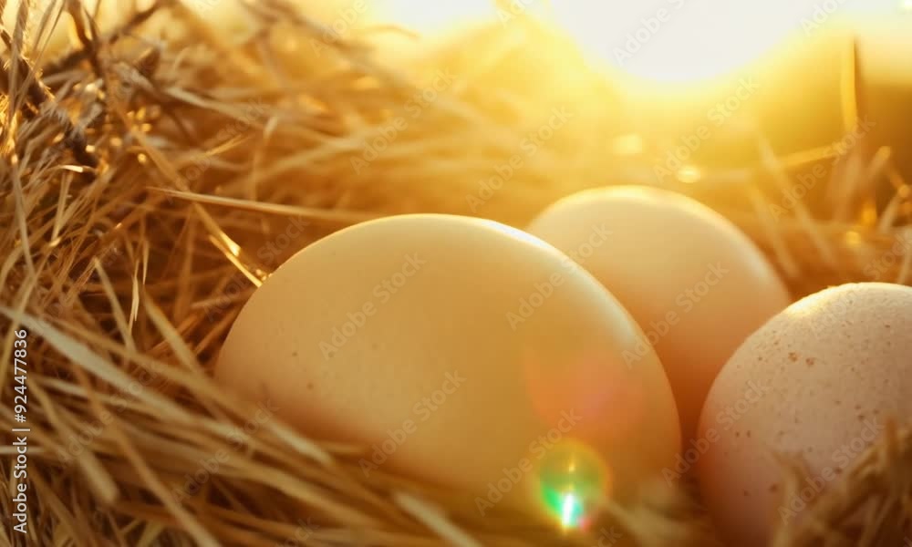 chicken eggs lying in straw nests bathed in the warm golden afternoon sunlight chicken eggs lying in straw nests bathed in the warm golden afternoon sunlight