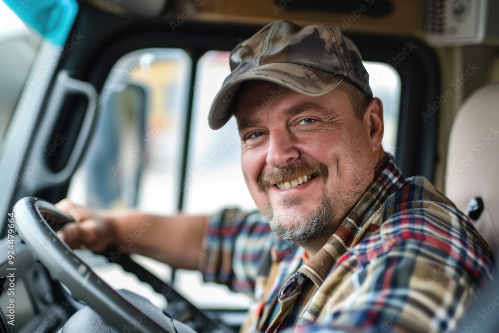 A person wearing a hat drives a truck on a road, suitable for use in illustrations or photography related to transportation or occupation A person wearing a hat drives a truck on a road, suitable for use in illustrations or photography related to transportation or occupation
