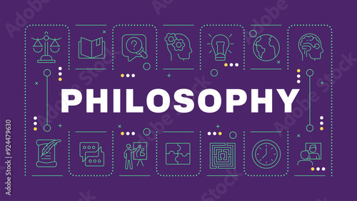 Philosophy dark purple word concept. School subject. Critical thinking. Human existence. Horizontal vector image. Headline text surrounded by editable outline icons. Hubot Sans font used