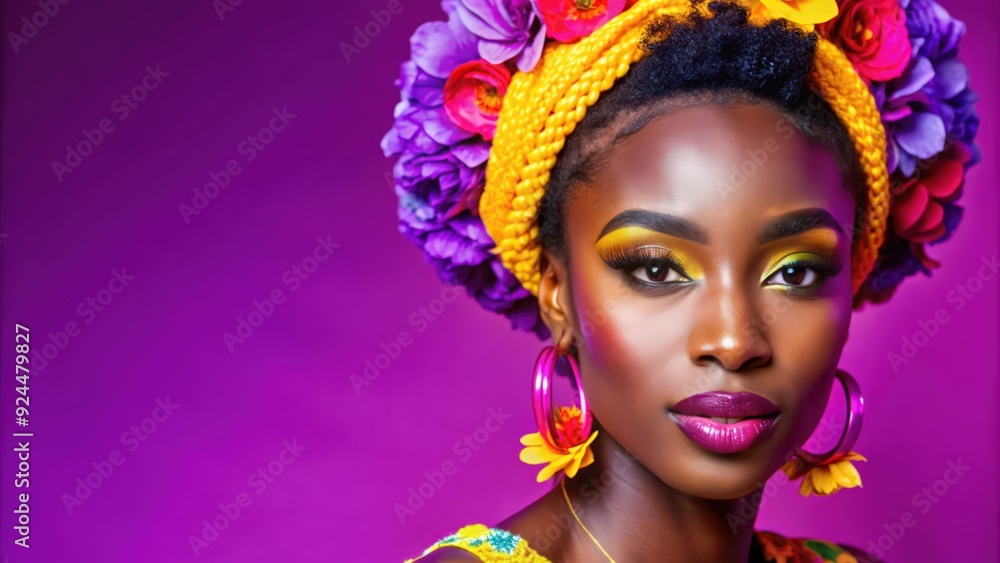 Naklejka premium Portrait of a Woman with Bold Makeup and Floral Headband