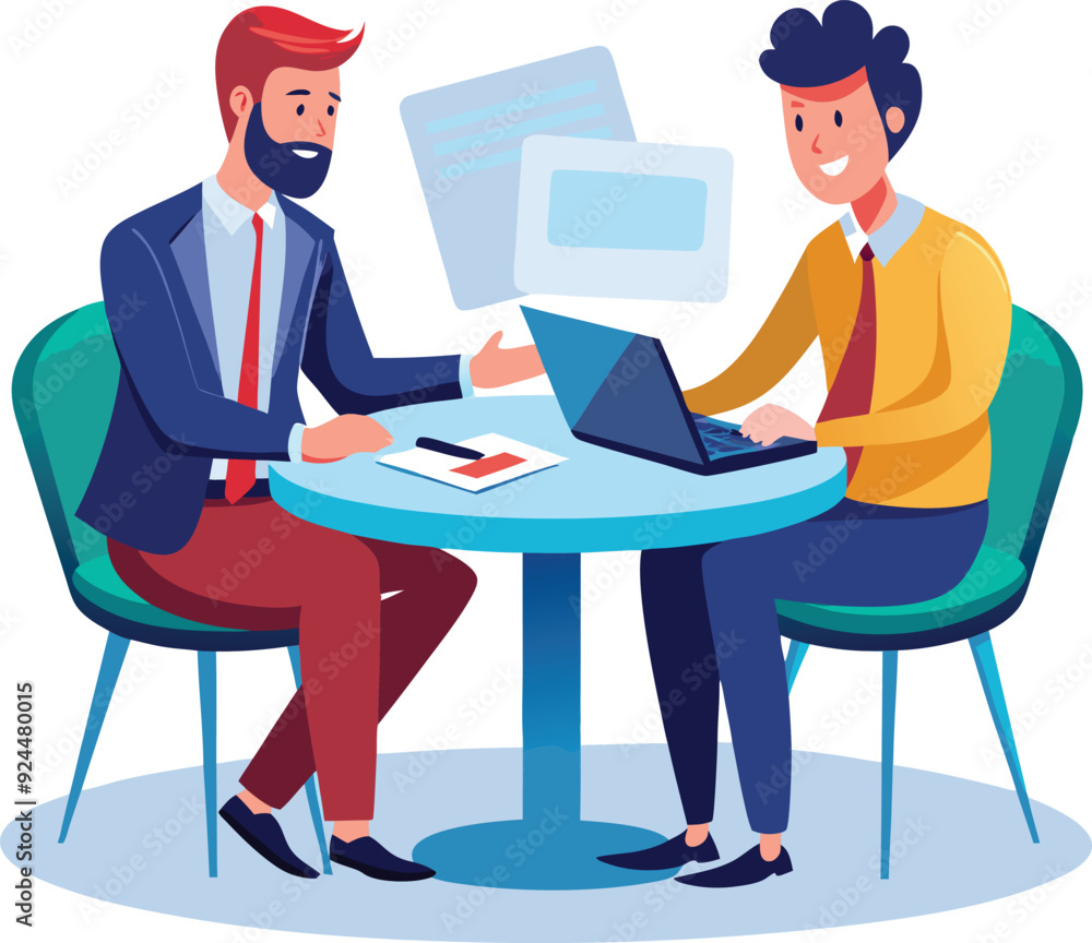 Partners meeting for business discussion with documents and laptop on desk. Couple at round table, speaking, discussing work, partnership. Flat vector illustration isolated on white background Partners meeting for business discussion with documents and laptop on desk. Couple at round table, speaking, discussing work, partnership. Flat vector illustration isolated on white background