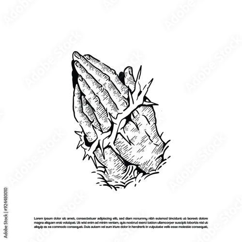 Vintage sketch art praying hand gesture with thorn vector art illustration