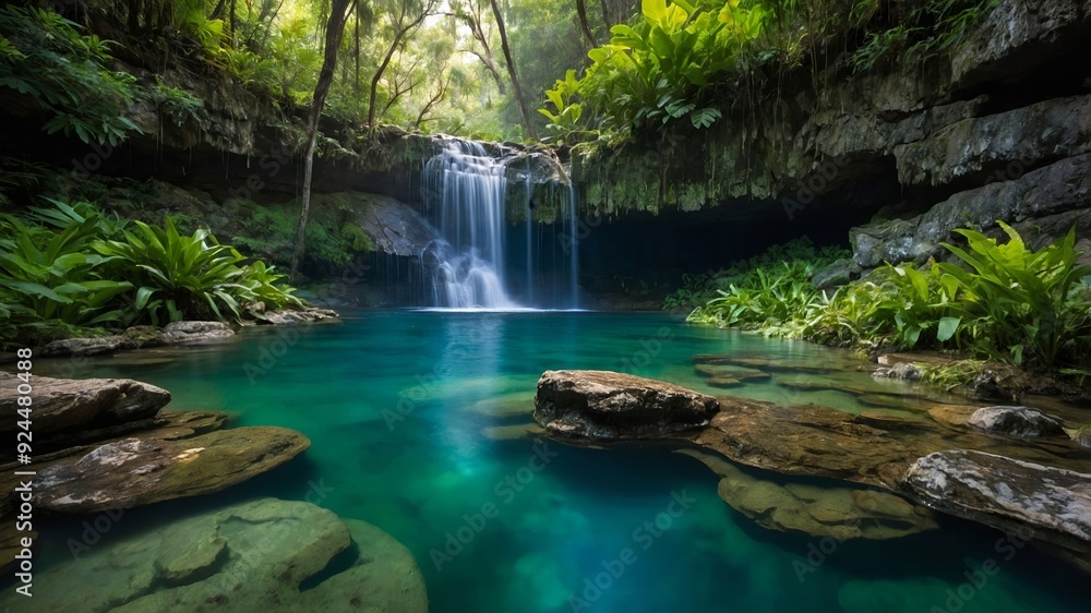A serene waterfall cascades into a turquoise pool surrounded by lush greenery and rocks. A serene waterfall cascades into a turquoise pool surrounded by lush greenery and rocks.
