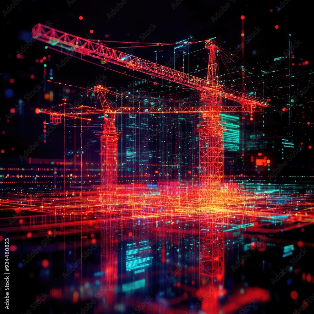 Fototapeta premium Futuristic 3D Construction Site with Cranes and Digital Charts Representing Modern Engineering Integration 