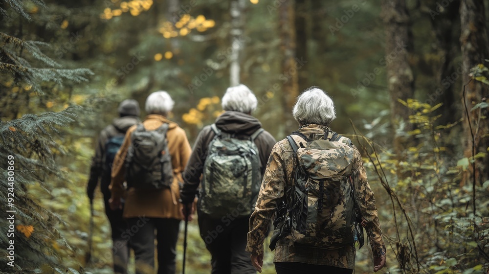 Fototapeta premium A diverse group of senior hikers walking in the forest, captured.