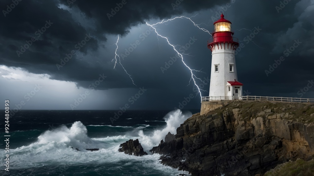 A lighthouse stands tall on a rocky cliff overlooking a stormy sea, with crashing waves and lightning striking in the dark sky. A lighthouse stands tall on a rocky cliff overlooking a stormy sea, with crashing waves and lightning striking in the dark sky.
