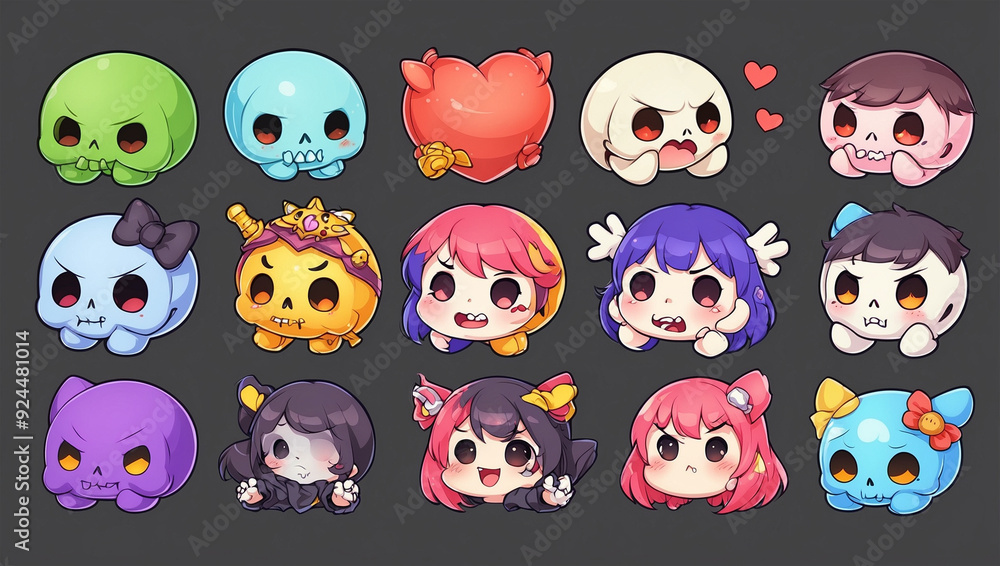 Obraz premium Cute skull sticker collection set, AI generated illustrations 8