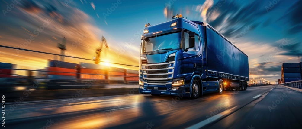 Cargo Truck on Highway near Port at Sunset. Generative ai