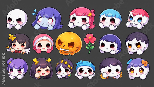 Cute skull sticker collection set, AI generated illustrations 9