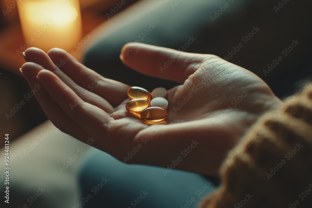 Hand holding various pills in dim light
Hand holding various pills in dim light