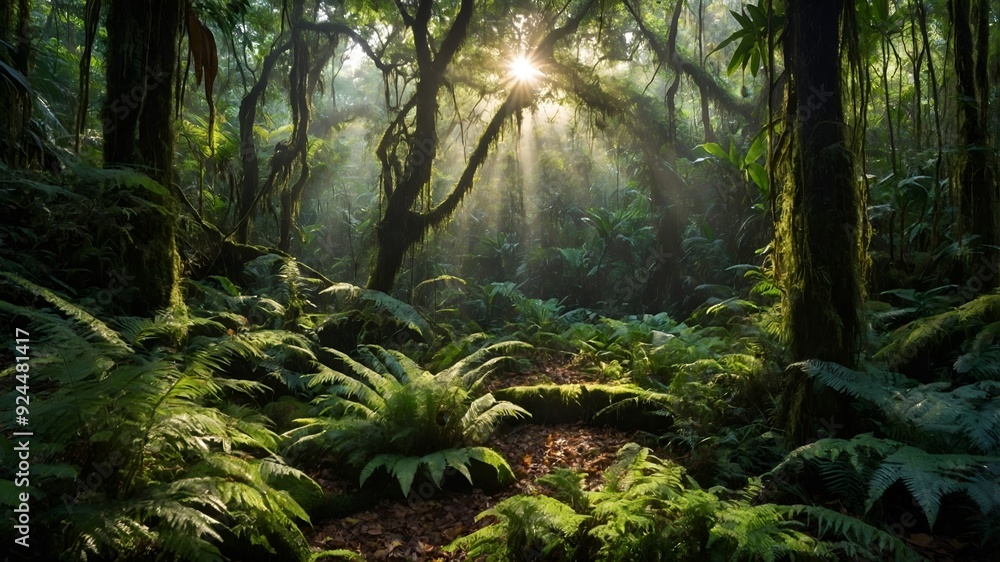 Sunlight streams through the canopy of a lush, green rainforest, illuminating the ferns and moss-covered trees. Sunlight streams through the canopy of a lush, green rainforest, illuminating the ferns and moss-covered trees.