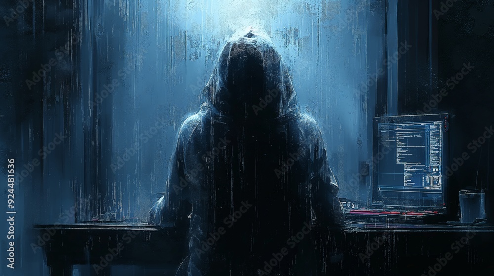 Mysterious Hacker in Dark Room Working on Computer, Anonymous Cybersecurity Threat in a Moody Digital Environment Mysterious Hacker in Dark Room Working on Computer, Anonymous Cybersecurity Threat in a Moody Digital Environment