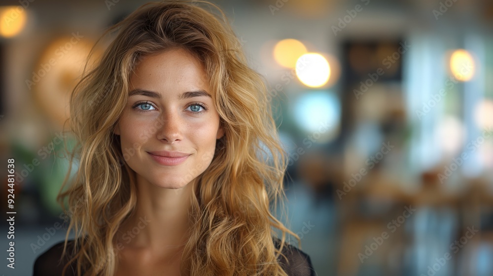 Smiling Young Woman with Wavy Hair in Bright Modern Café, Emitting Warmth and Positivity in a Casual Setting Smiling Young Woman with Wavy Hair in Bright Modern Café, Emitting Warmth and Positivity in a Casual Setting