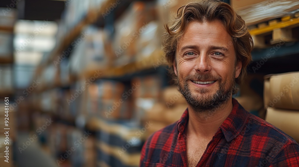 Cheerful Warehouse Worker Smiling Confidently in Industrial Setting, Representing Job Satisfaction and Professional Fulfillment Cheerful Warehouse Worker Smiling Confidently in Industrial Setting, Representing Job Satisfaction and Professional Fulfillment