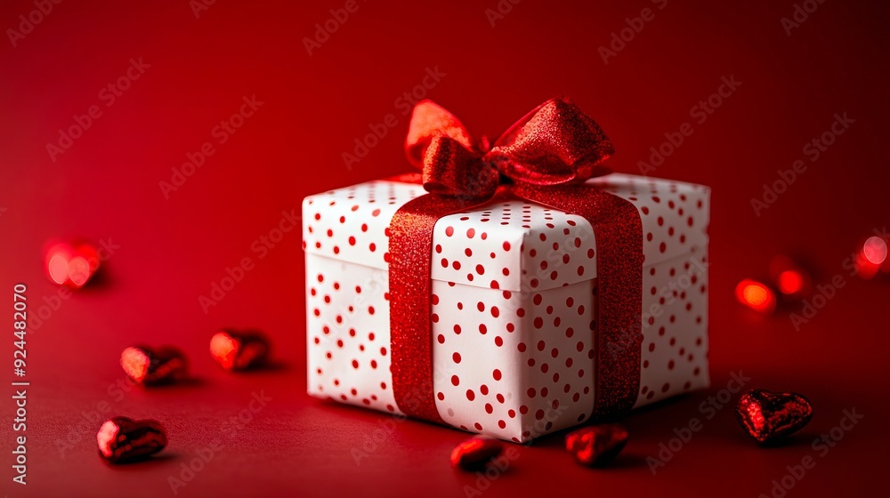 A white gift box with a red bow and red hearts on a red background A white gift box with a red bow and red hearts on a red background