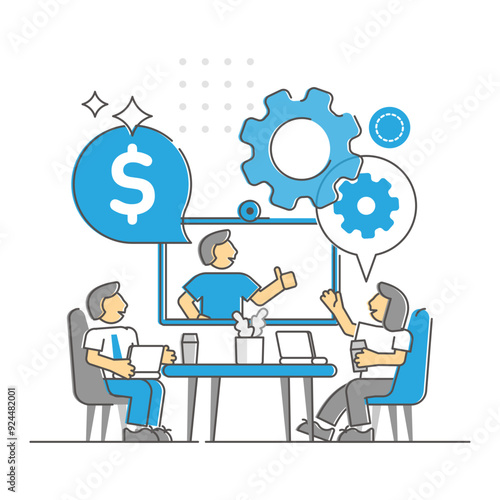 Business meeting as corporate company appointment monocolor outline concept, transparent background.Businessman discussion about work finances, sales and production illustration.