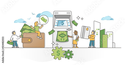 Cash withdraw and deposit in ATM bank money terminal machine outline concept, transparent background. Financial banknote flow with payout and checkout illustration. Economical bank service.