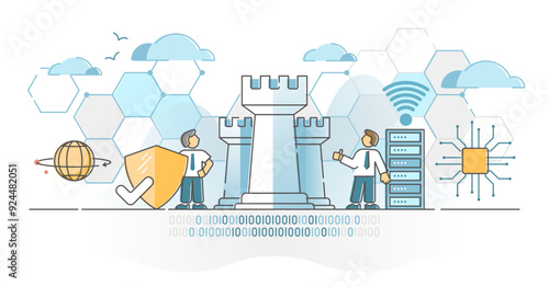 Cyber defense security system with data guard and shield outline concept, transparent background. Symbolic chess figures as digital cloud server information protection illustration.