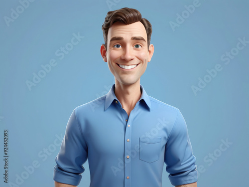 Smiling friendly cartoon character adult man portrait wearing blue shirt in 3d style design on light background.