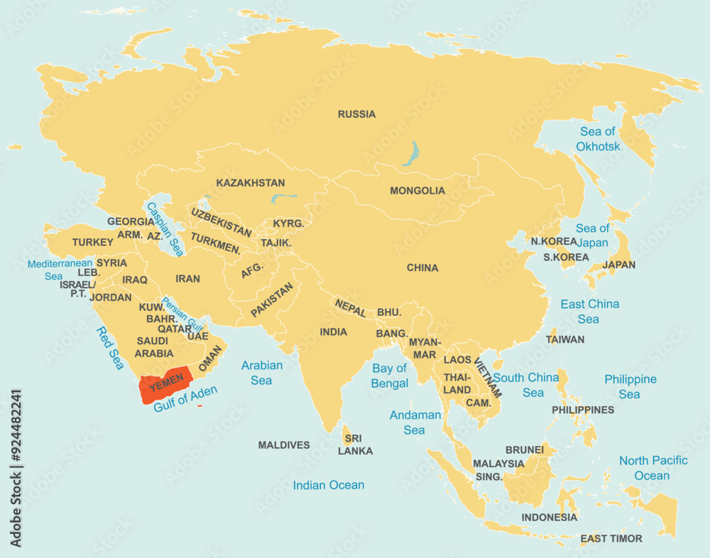 Fototapeta premium Highlighted map of YEMEN inside detailed blank flat political map of the Asian continent on isolated background