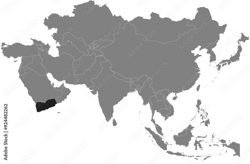 Highlighted map of YEMEN inside detailed blank flat political map of the Asian continent on isolated background Highlighted map of YEMEN inside detailed blank flat political map of the Asian continent on isolated background