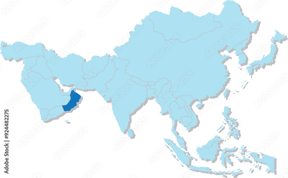 Highlighted map of OMAN inside detailed blank flat political map of the Asian continent on isolated background Highlighted map of OMAN inside detailed blank flat political map of the Asian continent on isolated background