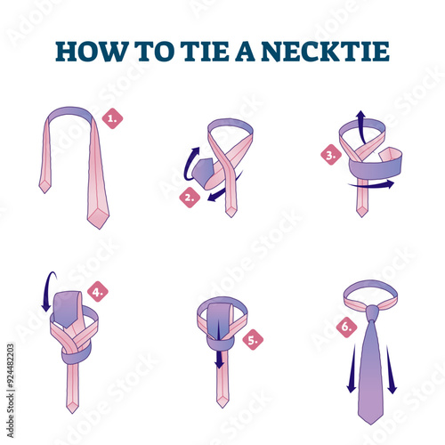 How to tie a necktie explanation steps, illustrated scheme, transparent background. Businessman style fashion knowledge. Numbered cheat sheet diagram with knot example.