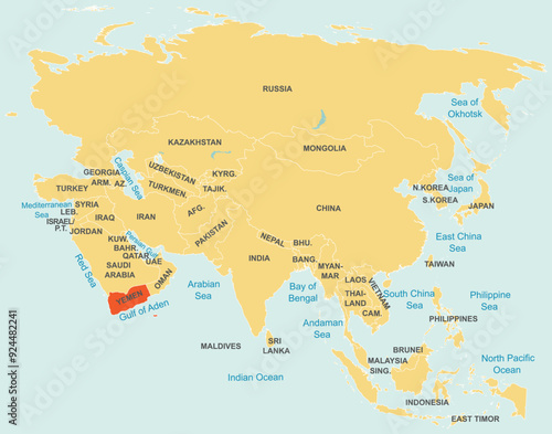 Highlighted map of YEMEN inside detailed blank flat political map of the Asian continent on isolated background