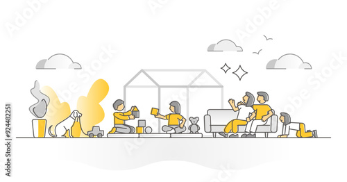 Kids playing together with parents and toys scene monocolor outline concept, transparent background. Quality time as family with fun children cubes game and pets illustration.