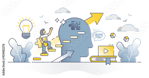 Mentoring or coaching with advice and support for growth outline concept, transparent background. Personal development guidance from self education and knowledge learning illustration.