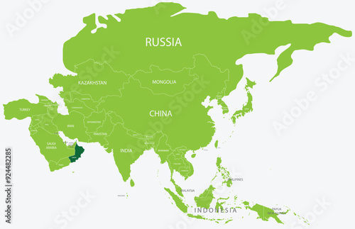 Highlighted map of OMAN inside detailed blank flat political map of the Asian continent on isolated background